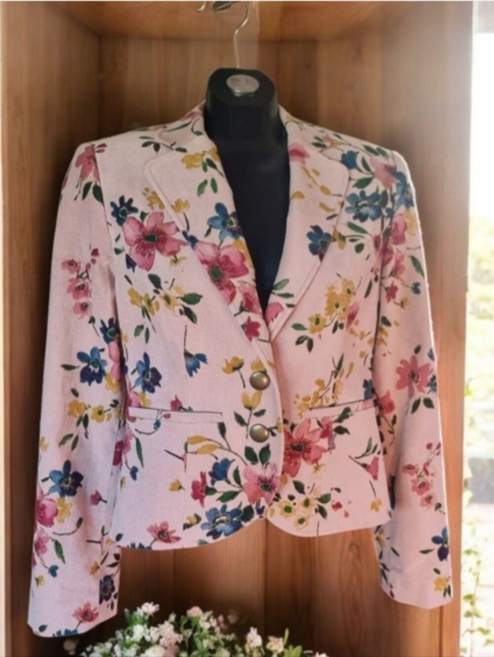 Tristan & Iseut Floral Metallic Pink Cotton Blend Lined Blazer Vintage Y2K Sz M